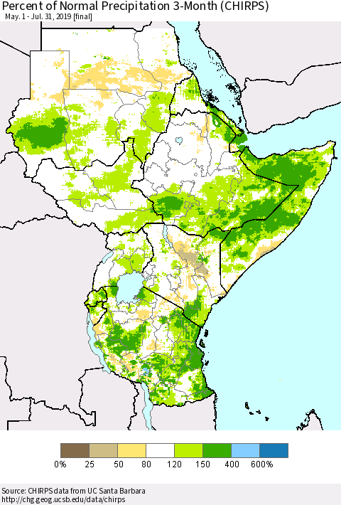Eastern Africa Percent of Normal Precipitation 3-Month (CHIRPS) Thematic Map For 5/1/2019 - 7/31/2019