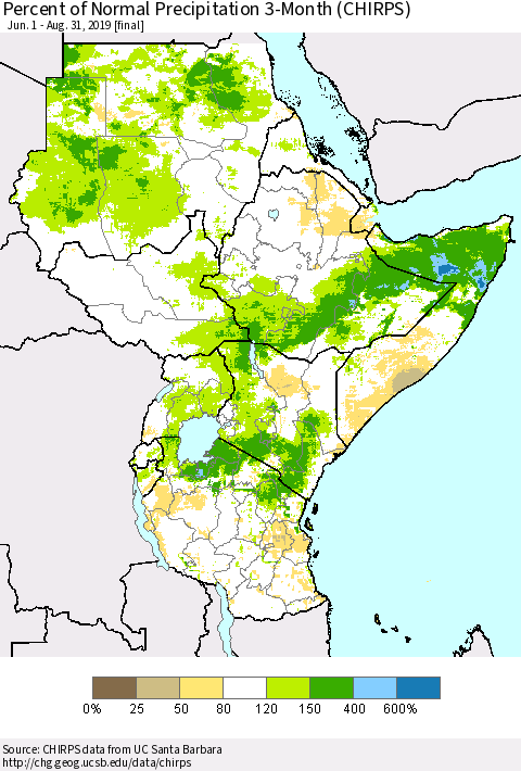 Eastern Africa Percent of Normal Precipitation 3-Month (CHIRPS) Thematic Map For 6/1/2019 - 8/31/2019