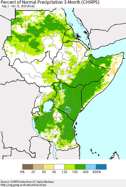Eastern Africa Percent of Normal Precipitation 3-Month (CHIRPS) Thematic Map For 8/1/2019 - 10/31/2019