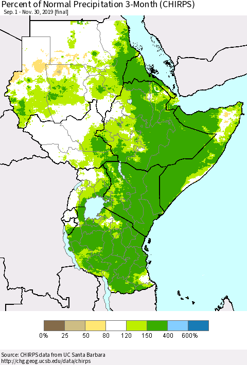 Eastern Africa Percent of Normal Precipitation 3-Month (CHIRPS) Thematic Map For 9/1/2019 - 11/30/2019