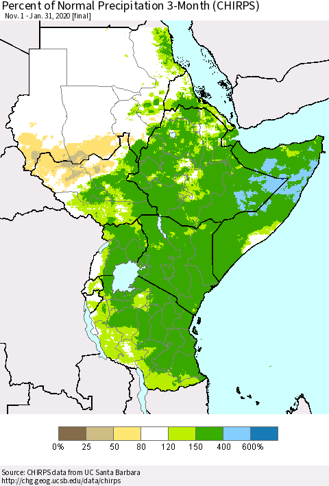 Eastern Africa Percent of Normal Precipitation 3-Month (CHIRPS) Thematic Map For 11/1/2019 - 1/31/2020