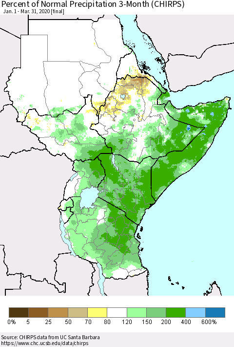 Eastern Africa Percent of Normal Precipitation 3-Month (CHIRPS) Thematic Map For 1/1/2020 - 3/31/2020