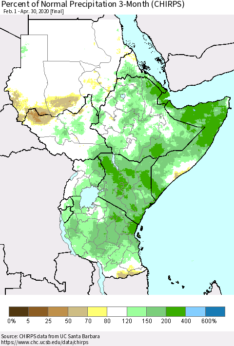 Eastern Africa Percent of Normal Precipitation 3-Month (CHIRPS) Thematic Map For 2/1/2020 - 4/30/2020