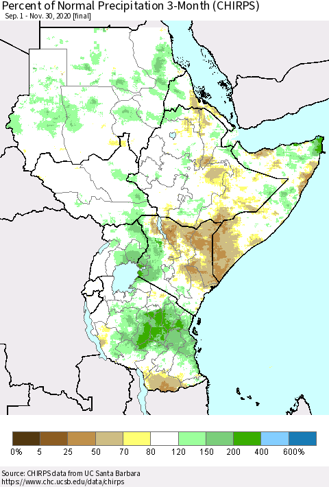 Eastern Africa Percent of Normal Precipitation 3-Month (CHIRPS) Thematic Map For 9/1/2020 - 11/30/2020