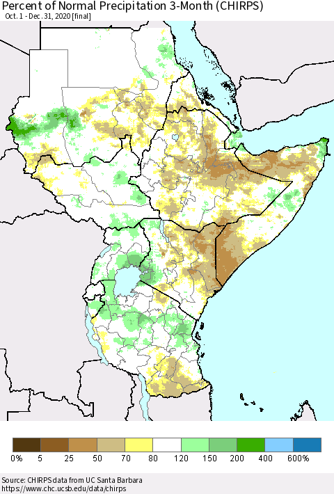 Eastern Africa Percent of Normal Precipitation 3-Month (CHIRPS) Thematic Map For 10/1/2020 - 12/31/2020