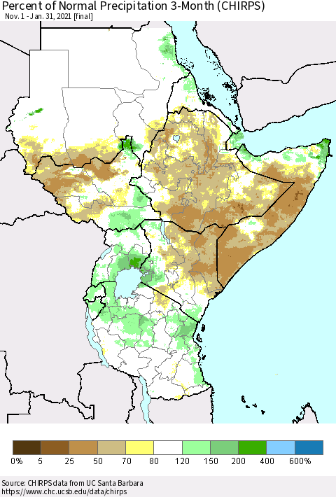 Eastern Africa Percent of Normal Precipitation 3-Month (CHIRPS) Thematic Map For 11/1/2020 - 1/31/2021