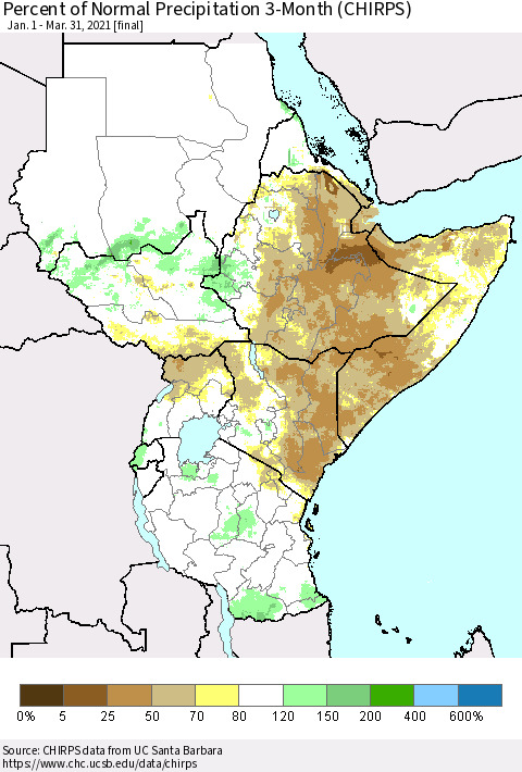 Eastern Africa Percent of Normal Precipitation 3-Month (CHIRPS) Thematic Map For 1/1/2021 - 3/31/2021
