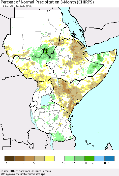 Eastern Africa Percent of Normal Precipitation 3-Month (CHIRPS) Thematic Map For 2/1/2021 - 4/30/2021