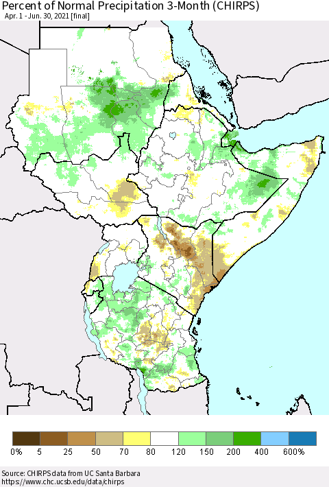 Eastern Africa Percent of Normal Precipitation 3-Month (CHIRPS) Thematic Map For 4/1/2021 - 6/30/2021