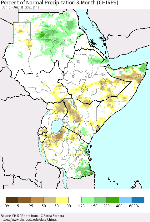 Eastern Africa Percent of Normal Precipitation 3-Month (CHIRPS) Thematic Map For 6/1/2021 - 8/31/2021