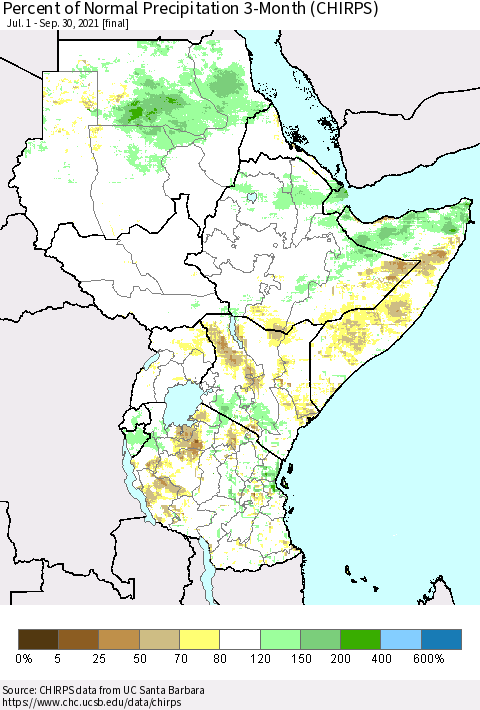 Eastern Africa Percent of Normal Precipitation 3-Month (CHIRPS) Thematic Map For 7/1/2021 - 9/30/2021