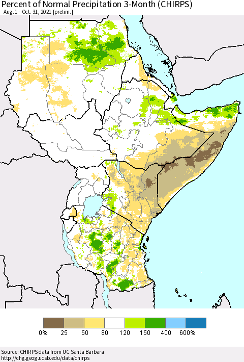 Eastern Africa Percent of Normal Precipitation 3-Month (CHIRPS) Thematic Map For 8/1/2021 - 10/31/2021