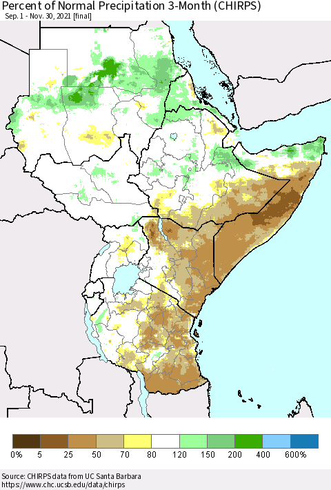 Eastern Africa Percent of Normal Precipitation 3-Month (CHIRPS) Thematic Map For 9/1/2021 - 11/30/2021