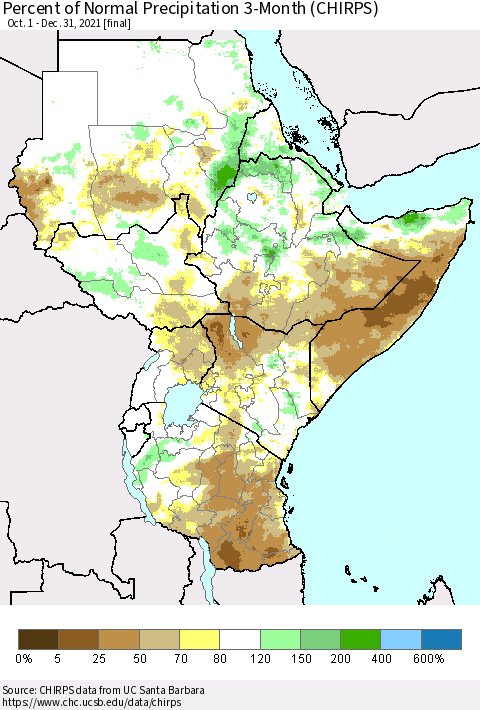 Eastern Africa Percent of Normal Precipitation 3-Month (CHIRPS) Thematic Map For 10/1/2021 - 12/31/2021