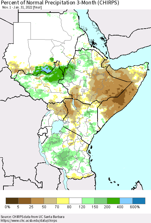 Eastern Africa Percent of Normal Precipitation 3-Month (CHIRPS) Thematic Map For 11/1/2021 - 1/31/2022