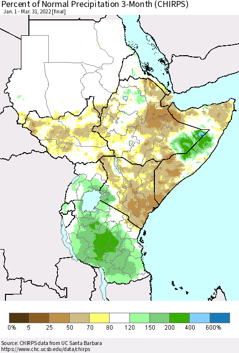 Eastern Africa Percent of Normal Precipitation 3-Month (CHIRPS) Thematic Map For 1/1/2022 - 3/31/2022