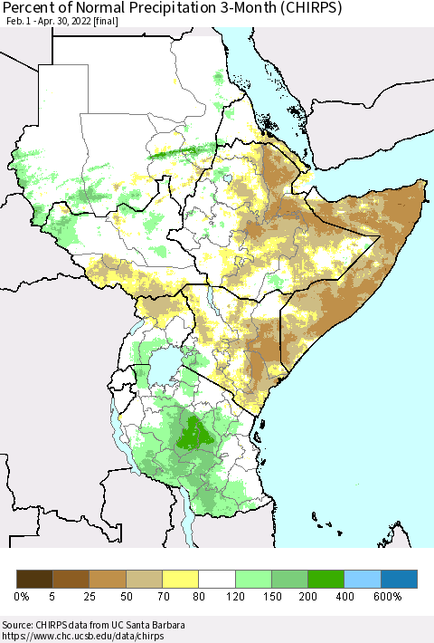 Eastern Africa Percent of Normal Precipitation 3-Month (CHIRPS) Thematic Map For 2/1/2022 - 4/30/2022