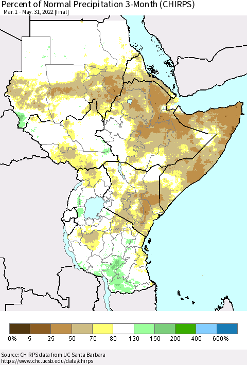 Eastern Africa Percent of Normal Precipitation 3-Month (CHIRPS) Thematic Map For 3/1/2022 - 5/31/2022