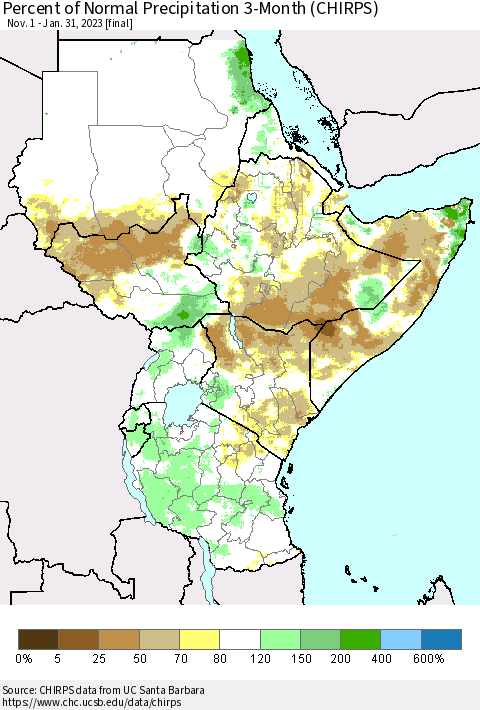 Eastern Africa Percent of Normal Precipitation 3-Month (CHIRPS) Thematic Map For 11/1/2022 - 1/31/2023