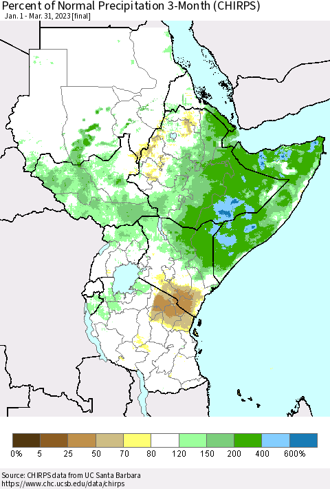 Eastern Africa Percent of Normal Precipitation 3-Month (CHIRPS) Thematic Map For 1/1/2023 - 3/31/2023