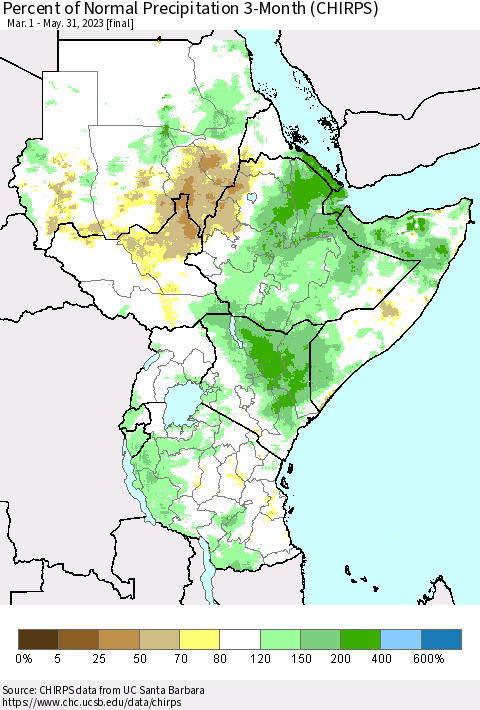 Eastern Africa Percent of Normal Precipitation 3-Month (CHIRPS) Thematic Map For 3/1/2023 - 5/31/2023
