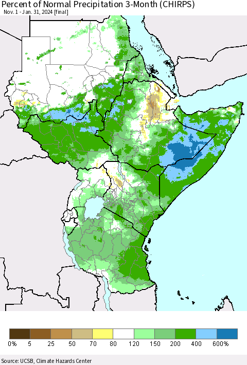 Eastern Africa Percent of Normal Precipitation 3-Month (CHIRPS) Thematic Map For 11/1/2023 - 1/31/2024