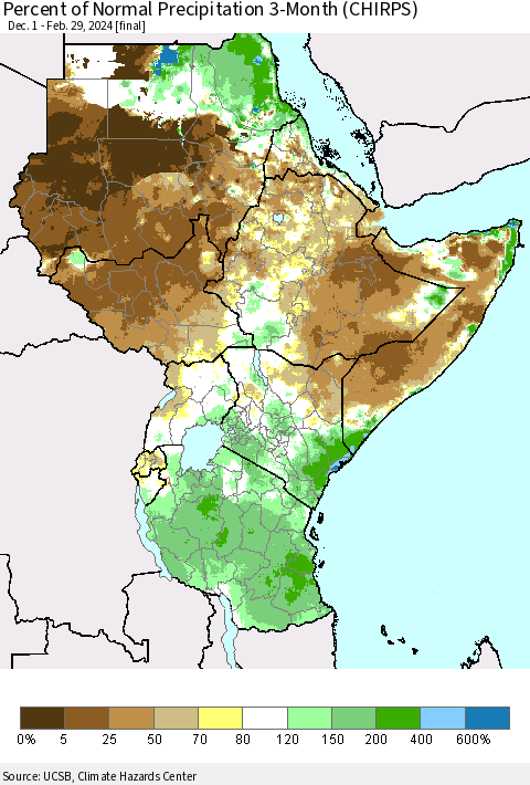 Eastern Africa Percent of Normal Precipitation 3-Month (CHIRPS) Thematic Map For 12/1/2023 - 2/29/2024