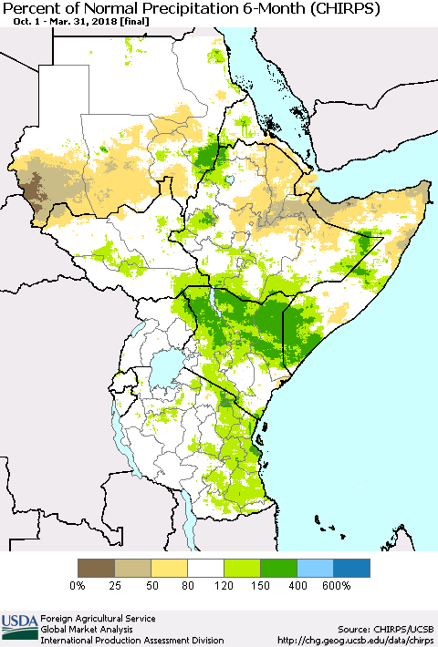Eastern Africa Percent of Normal Precipitation 6-Month (CHIRPS) Thematic Map For 10/1/2017 - 3/31/2018