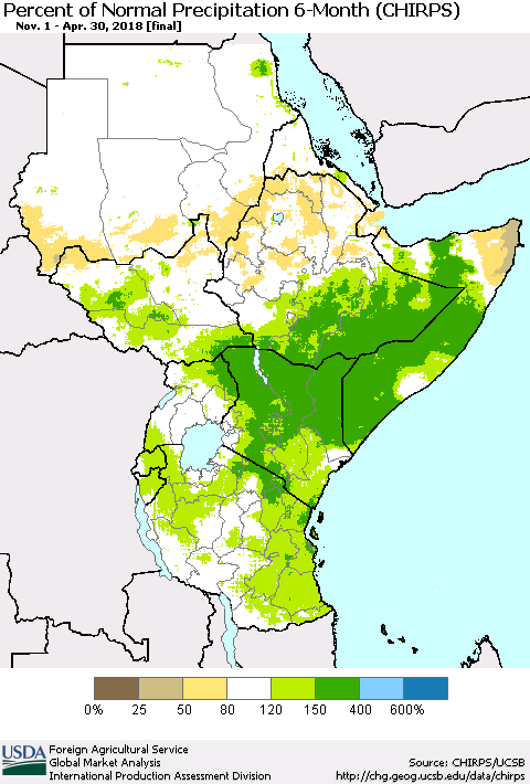 Eastern Africa Percent of Normal Precipitation 6-Month (CHIRPS) Thematic Map For 11/1/2017 - 4/30/2018