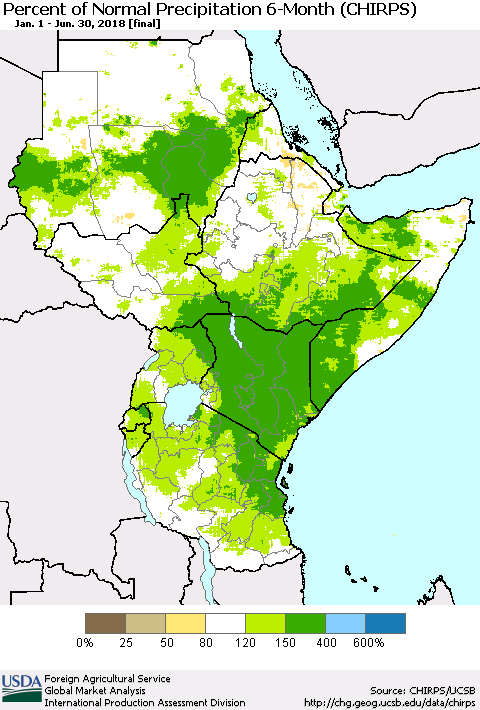 Eastern Africa Percent of Normal Precipitation 6-Month (CHIRPS) Thematic Map For 1/1/2018 - 6/30/2018