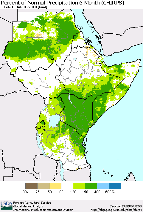 Eastern Africa Percent of Normal Precipitation 6-Month (CHIRPS) Thematic Map For 2/1/2018 - 7/31/2018