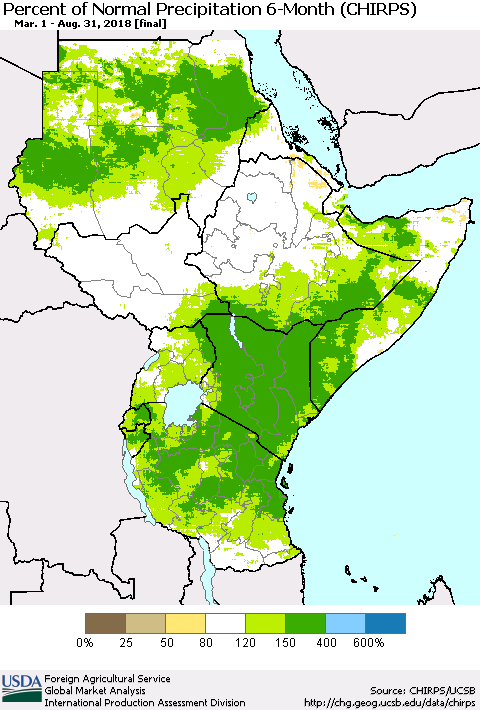 Eastern Africa Percent of Normal Precipitation 6-Month (CHIRPS) Thematic Map For 3/1/2018 - 8/31/2018