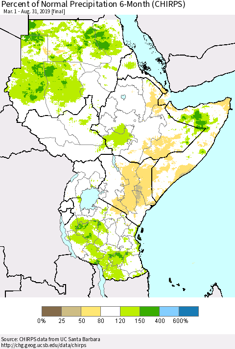 Eastern Africa Percent of Normal Precipitation 6-Month (CHIRPS) Thematic Map For 3/1/2019 - 8/31/2019