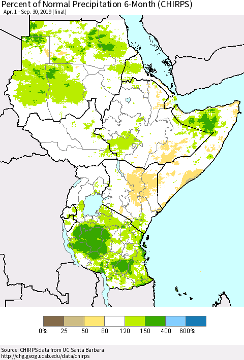 Eastern Africa Percent of Normal Precipitation 6-Month (CHIRPS) Thematic Map For 4/1/2019 - 9/30/2019