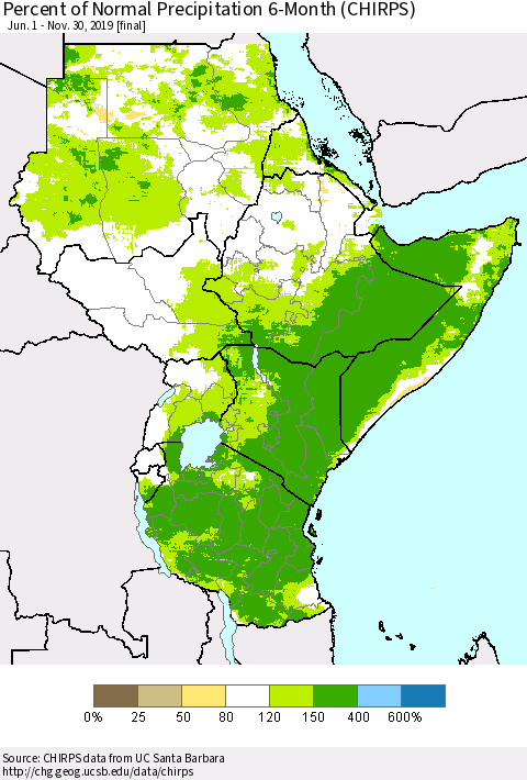Eastern Africa Percent of Normal Precipitation 6-Month (CHIRPS) Thematic Map For 6/1/2019 - 11/30/2019