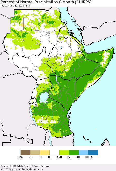 Eastern Africa Percent of Normal Precipitation 6-Month (CHIRPS) Thematic Map For 7/1/2019 - 12/31/2019