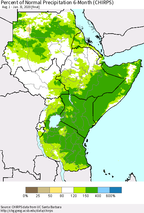 Eastern Africa Percent of Normal Precipitation 6-Month (CHIRPS) Thematic Map For 8/1/2019 - 1/31/2020