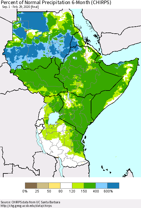 Eastern Africa Percent of Normal Precipitation 6-Month (CHIRPS) Thematic Map For 9/1/2019 - 2/29/2020
