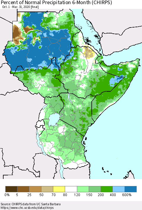 Eastern Africa Percent of Normal Precipitation 6-Month (CHIRPS) Thematic Map For 10/1/2019 - 3/31/2020
