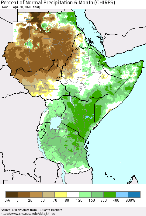 Eastern Africa Percent of Normal Precipitation 6-Month (CHIRPS) Thematic Map For 11/1/2019 - 4/30/2020