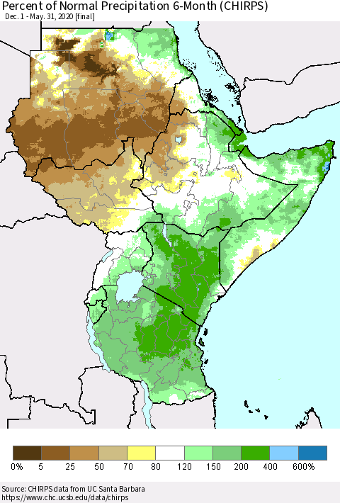 Eastern Africa Percent of Normal Precipitation 6-Month (CHIRPS) Thematic Map For 12/1/2019 - 5/31/2020