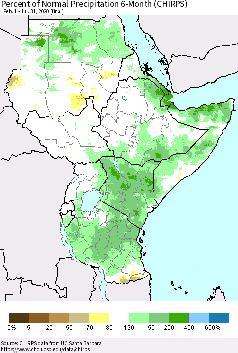 Eastern Africa Percent of Normal Precipitation 6-Month (CHIRPS) Thematic Map For 2/1/2020 - 7/31/2020