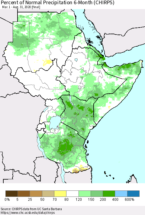 Eastern Africa Percent of Normal Precipitation 6-Month (CHIRPS) Thematic Map For 3/1/2020 - 8/31/2020
