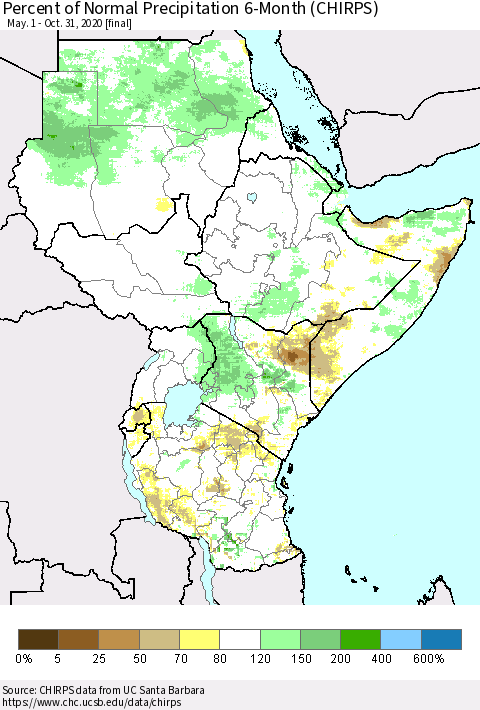 Eastern Africa Percent of Normal Precipitation 6-Month (CHIRPS) Thematic Map For 5/1/2020 - 10/31/2020