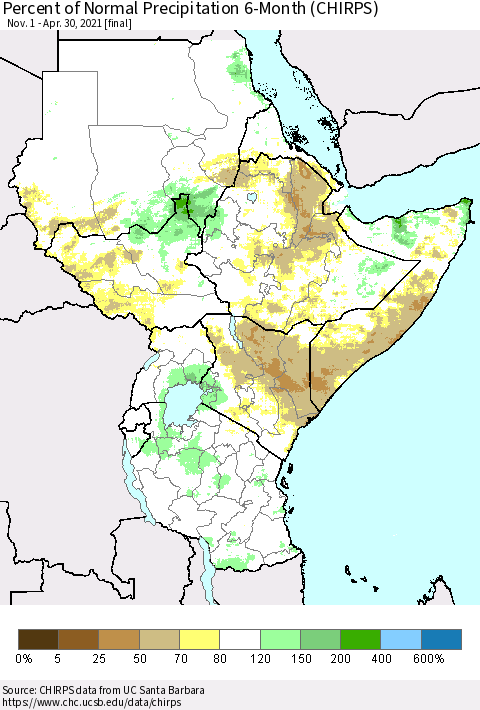 Eastern Africa Percent of Normal Precipitation 6-Month (CHIRPS) Thematic Map For 11/1/2020 - 4/30/2021