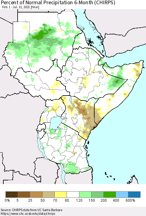 Eastern Africa Percent of Normal Precipitation 6-Month (CHIRPS) Thematic Map For 2/1/2021 - 7/31/2021