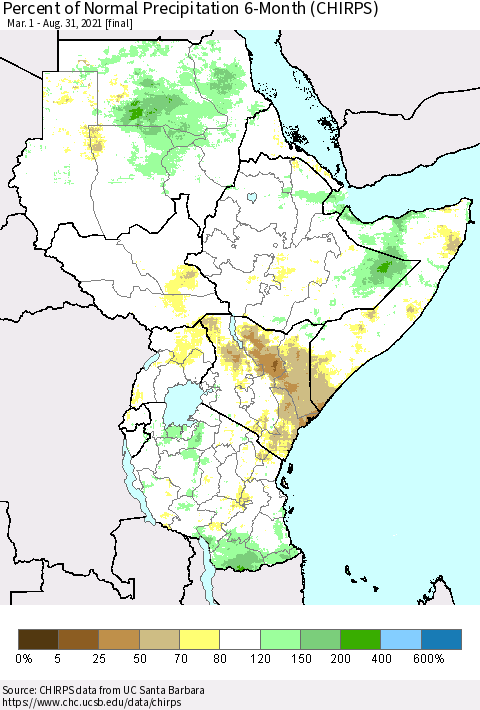Eastern Africa Percent of Normal Precipitation 6-Month (CHIRPS) Thematic Map For 3/1/2021 - 8/31/2021