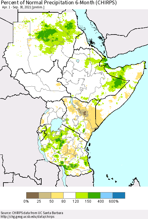 Eastern Africa Percent of Normal Precipitation 6-Month (CHIRPS) Thematic Map For 4/1/2021 - 9/30/2021