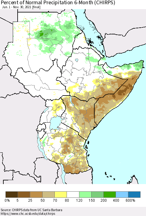 Eastern Africa Percent of Normal Precipitation 6-Month (CHIRPS) Thematic Map For 6/1/2021 - 11/30/2021