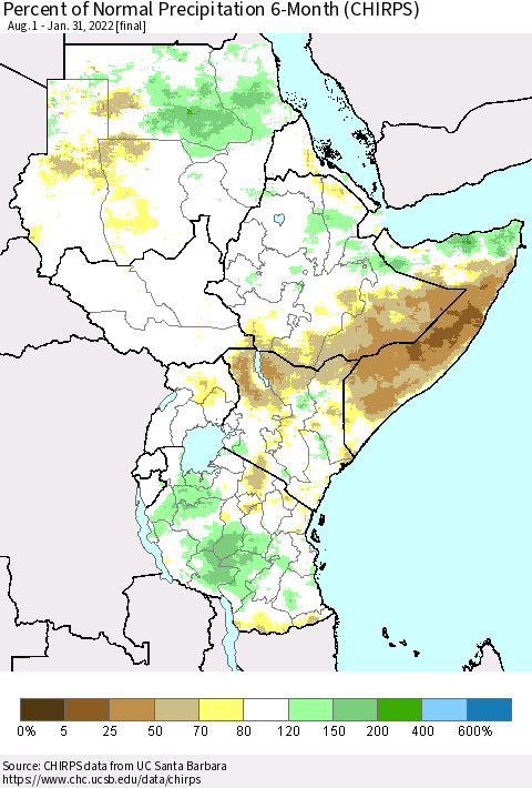 Eastern Africa Percent of Normal Precipitation 6-Month (CHIRPS) Thematic Map For 8/1/2021 - 1/31/2022